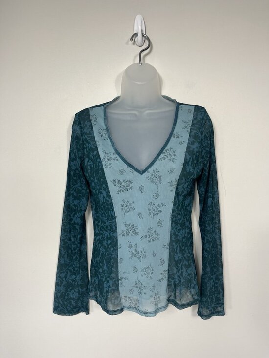 New York & Company Tops - New York & Company Mesh Y2K  Top Size Small Stretchy V Neck Blue Whimsy